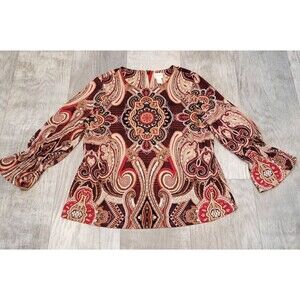 Chicos 2 (L) Medallion Paisley Boho Top Brown Tan Bell Sleeve Liquid Knit Career